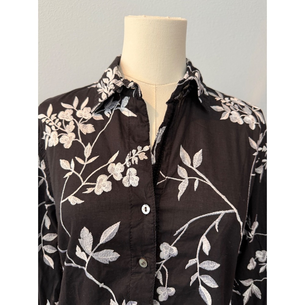 Cino Cotton Floral Embroidered Button Up Shirt Black Long Sleeve Boho Cottage XS - Picture 2 of 12